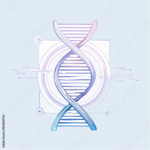 Illustration vectorielle d’ADN moderne, hélice stylisée en bleu clair  et violet, design scientifique épuré, arrière plan blanc