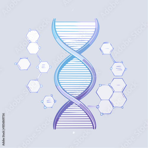 Illustration vectorielle d’ADN moderne, hélice stylisée en bleu clair  et violet, design scientifique épuré, arrière plan blanc