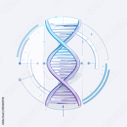 Illustration vectorielle d’ADN moderne, hélice stylisée en bleu clair  et violet, design scientifique épuré, arrière plan blanc