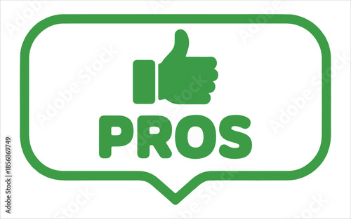 Green Pros Speech Bubble Icon with Thumbs Up Symbol for Advantages and Positive Reviews.