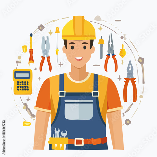 Ouvrier, travailleur et ses outils, plomberie, électricité, bâtiment..   