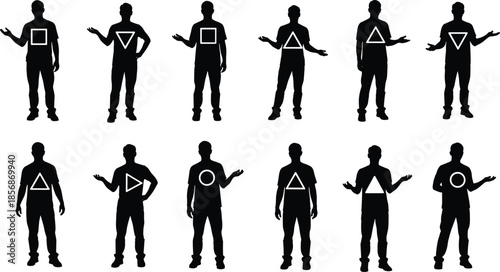 Geometric shape silhouette, logic puzzle figures, visual reasoning concept, black and white vector, classification icons, abstract human illustration set