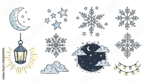Collection of winter and night sky elements with a lantern and string lights