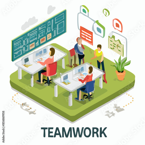Collaboration en entreprise – Illustration isométrique de travail d’équipe au bureau, 3D isométrique