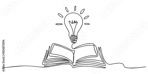 Opened book with glowing light bulb in one continuous line.  Symbol of education, reading and writing in one line style .Vector editable illustration, continuous one line art drawing of light bulb