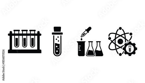 Chemistry science laboratory equipment icons isolated on transparent background.
