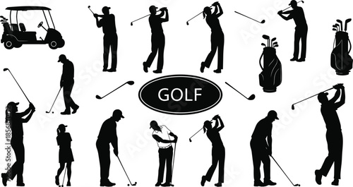 Golf silhouettes set with players swinging clubs, golf cart, bags, and equipment, black vector icons for sports competition, tournament, and leisure activity.