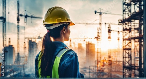 Construction worker looking out at building site.