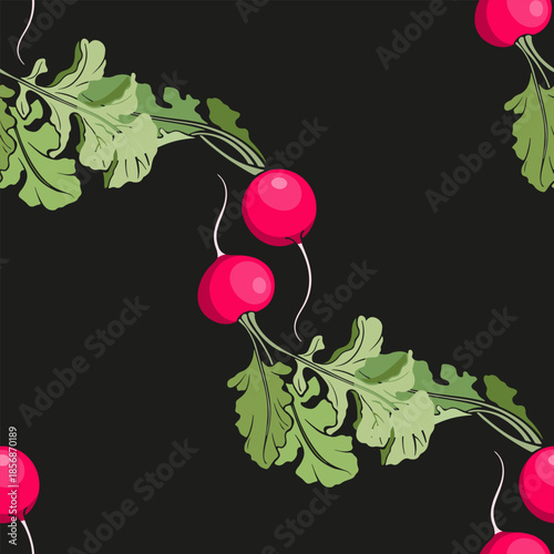 Seamless pattern with radishes on black. Vector food background. Perfect for design templates, wallpaper, wrapping, fabric, print and textile.