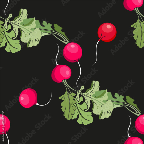 Radish on black background. Hand drawn seamless pattern. Vector illustration, ready-made design for textiles and printing.
