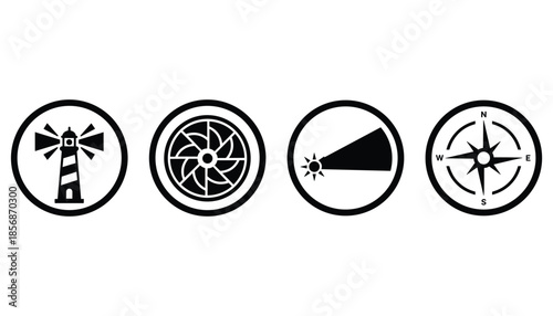 Lighthouse with light beam and compass rose navigation marine vector on transparent.