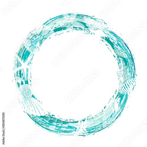 Round vector frame on a marine theme. Luxury design with shells, starfish and place for text on white. Template design for text, packaging and prints. 