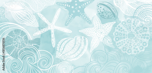 Luxury vector design with underwater plants, shells, starfish, corals, sea creatures, decorative waves and  watercolor splash. Template design for text, packaging and prints. Art sea background. 