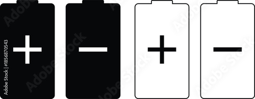Black and white battery icons showing positive and negative polarity. vector set