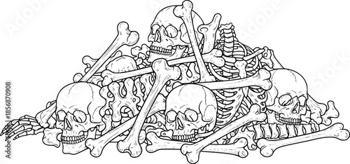 Pile of Bones Black and White Outline Line Art Drawing of Skeleton Parts Ancient Style Isolated
