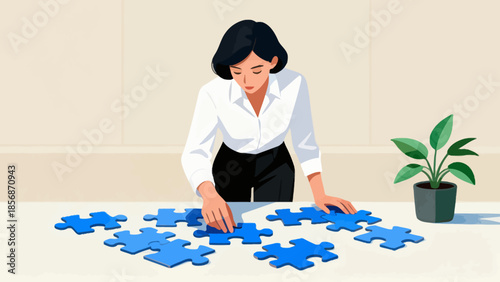 Woman assembling blue puzzle pieces