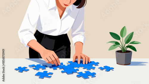 Person assembling blue puzzle pieces