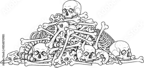 Pile of Bones Black and White Outline Line Art Drawing of Skeleton Parts Ancient Style Isolated
