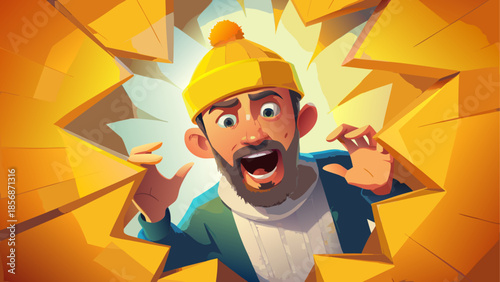 Man breaking through yellow wall with shocked expression