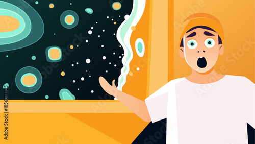 Man discovering a tear in the wall revealing outer space