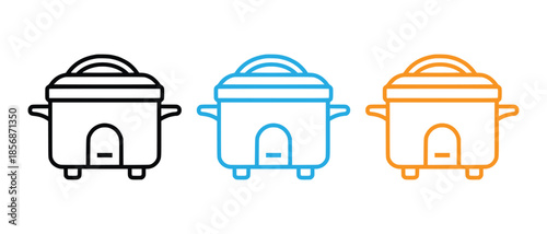 Set of three stylized outline icons of a rice cooker in black blue and orange colors vector set