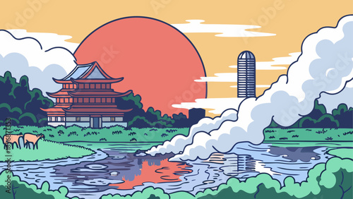 Serene landscape with traditional pagoda and modern tower