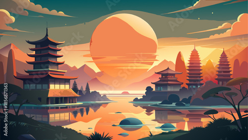 Serene pagoda landscape at sunset with calm lake