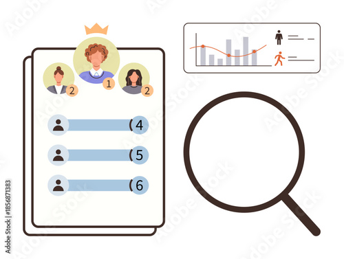 Profiles ranked by numbers, crown for top ranking, bar graph with performance stats, magnifying glass. Ideal for recruitment, analytics, HR, evaluation, competition comparison and data study