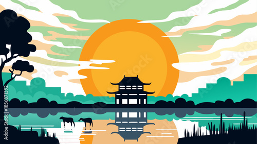 Serene landscape with pagoda and horses by the water