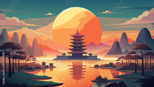 Serene pagoda landscape at sunset with calm water reflection