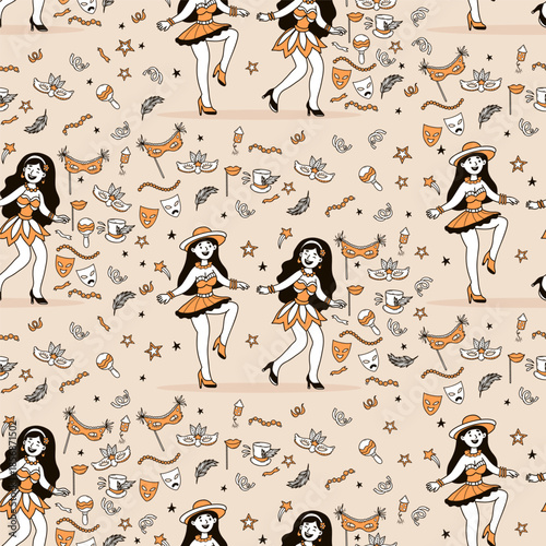 Carnival Girl Dancers Seamless Pattern. Happy Female Character in Masquerade dresses, Masks, with festive decorative elements on beige Background. Color Hand-Drawn Doodle. Vector Illustration. Not AI