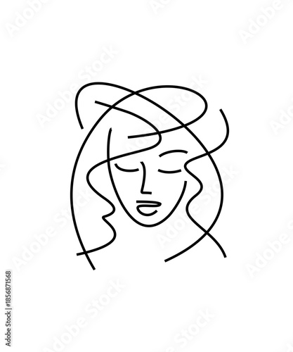 Hairstyle perm logo for a beauty salon. Face logo of a beautiful young woman with a stylized hairstyle. Female face silhouette.