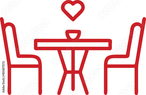 A table with two chairs. A heart symbol is positioned above the table. Red outline icon