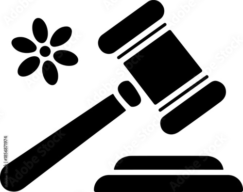 Gavel and Flower Icon Vector: Symbolic Representation of Environmental Law, Peaceful Justice, Women's Rights, or Regulatory Authority Over Nature in a Monochrome Flat Design