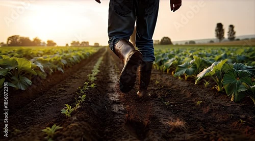 Golden Harvest Dawn: Farmer Walking Through Lush Green Crop Fields