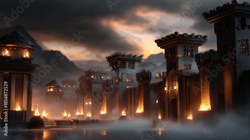 Enchanted voxel fantasy castle at dusk glowing torches in misty landscape digital art creation dreamlike atmosphere