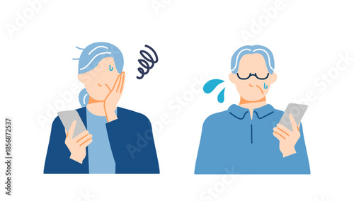 スマホを持ったシニア夫婦が困っているイラスト。フラットデザイン。