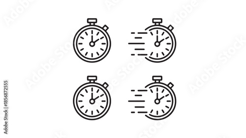 Stopwatch icons in minimalist design with motion effect in black line art on white background for timing and countdown