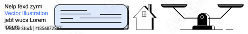 Legal services, real estate contracts, justice, balance, paperwork, home transactions. A document next to a house and balance scales. Legal services and real estate contracts theme