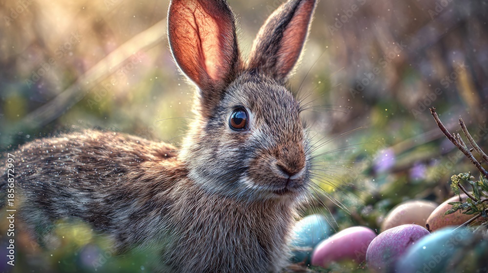 Fototapeta premium Cute bunny rabbit with pastel easter eggs and wildflowers, warm golden hour lighting, background fantasy, peaceful easter scene