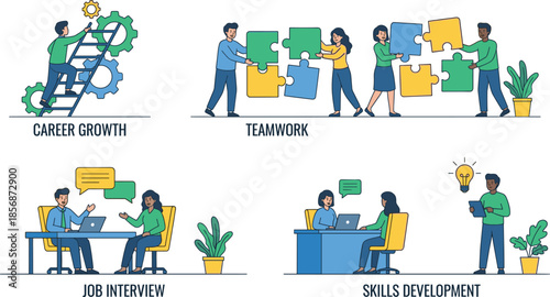 Professional development cartoon set, career growth, teamwork, job interview, skills learning, workplace concept, business training, modern illustration