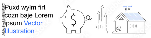 Financial planning, green energy, investment growth, renewable resources, saving money, sustainable living. Piggy bank with a dollar sign, arrows indicating increase solar-powered house. Financial