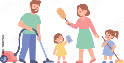 Cartoon family cleaning house together, cheerful teamwork, shared chores, parenting, home care, cleanliness, cooperation, colorful lifestyle scene