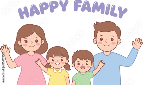 Happy cartoon family waving together, smiling parents and children, cheerful unity, parenting love, colorful illustration, joyful bonding, educationHappy cartoon family waving together, smiling parent