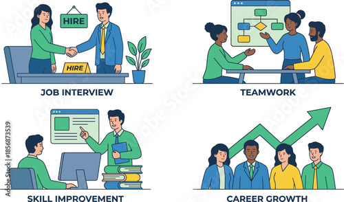 Professional development cartoon illustration set, job interview, teamwork, skill improvement, career growth, workplace success, business development cartoon illustration set, job