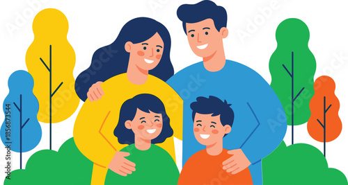Happy cartoon family outdoors, smiling parents and children, colorful trees, bonding moment, nature background, cheerful illustration, unity and love