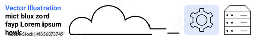 Cloud shape linked to a gear and server stack representing cloud computing, data storage, hosting, and system management. Ideal for technology, hosting, storage, software, development workflow