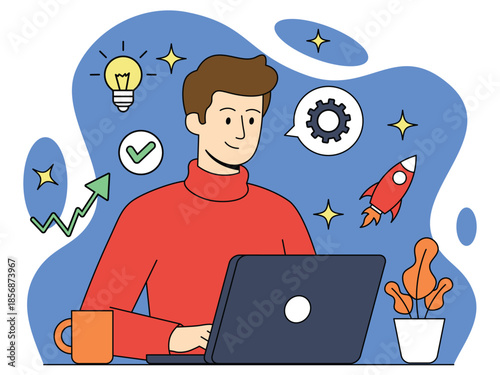 Vector illustration of a young man working on a laptop, surrounded by creative and productivity-themed icons such as a light bulb, rocket, gear, checkmark, upward graph, and stars.