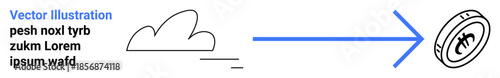 Cloud computing, digital transactions, blockchain, cryptocurrency, data exchange, virtual finance. Graphics show a cloud and arrow pointing to a digital coin. Cloud computing and digital transactions
