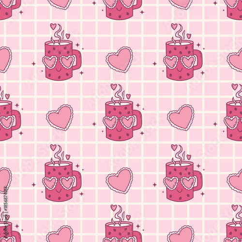 Seamless Pattern Cute Romantic Cup in Heart Glasses on Pink Checkered Background. Valentines Day Love Repeating Template. Hand-Drawn Doodle. Vector Illustration. Not AI